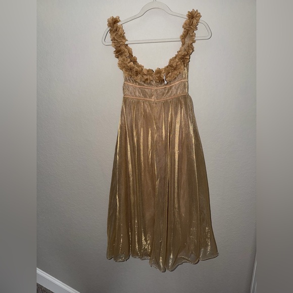 Lulus Amazing Essence Gold Metallic Mesh 3D Floral Midi Dress XS Goddess Toga - Picture 7 of 8